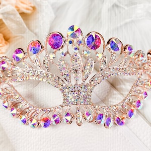 Rose Gold AB Rhinestone Masquerade Eye Mask, Bridal Wedding Mask, Party Decor, Christmas, New Year, Gift for Her, Mardi Gras, Party Mask