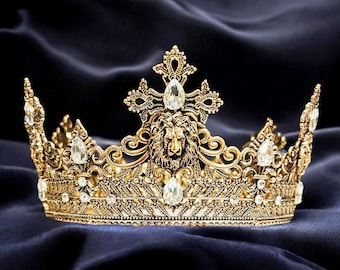 Vintage Lion King Crown, Prince Wedding Headpiece, Clear Crystal Crown for Groom, Masquerade Ball Crown, Homecoming King Crown, Gold Crown