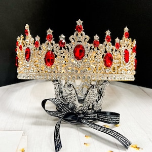 Königliche Königin Krone für Frauen, Gold Hochzeitskrone, rote Kristall Krone, Cosplay, Kostüm, Hochzeit Kopfschmuck, Halloween Krone, Geburtstagskrone