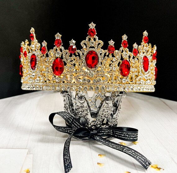 Gold Tiara with Red Crystal Accents - Elegant Women’s Headpiece Red Elven Crystal Tiara, Flame-inspired Gold Circlet  main image 3