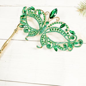 Emerald Rhinestone Masquerade Mask with Gold Stick