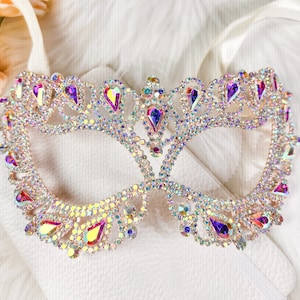 Lady Rhinestones Masquerade Mask Rose Gold Base AB Rhinestone Bling Mask Luxury Crystal Mask for New Year Wedding Party Birthday Gift