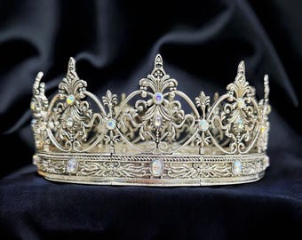 Vintage Silver Crown, Silver wedding Crown, Royal King Crown, Iridescent Stone Crown, Renaissance Crown, Royal Medieval Crown, Prince Diadem