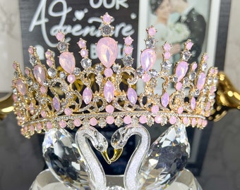 Pink Rhinestone Bridal Tiara, Wedding Gold Crystal Pink Crown, Bridal Wedding Jewelry, Gift Her, Princess Pink Tiara, Elegant Queen Headband