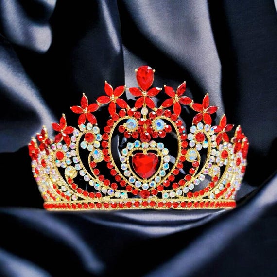 Crystal heart tiara, Gold tiara, Red stone tiara, Bridal tiara, Birthday crown Crystal Heart Tiara: Gold Bridal Headband, Red Stone  main image 2