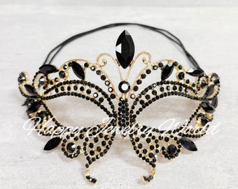 Gold masquerade mask, Masquerade ball mask, Black crystal mask, Cosplay mask, Face mask, Halloween mask, Venetian mask, Cat mask