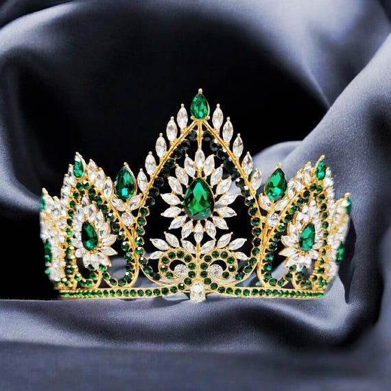 Gold Tiara Hair Crown with Emerald Green Crystals Emerald Green Tiara | Gold Crystal Headpiece | Wedding Crown  main image 3
