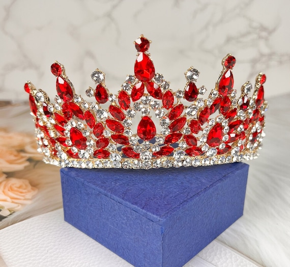 Corona Diadema Con Strass Rosso E Cristalli - Copricapo Per Matrimoni, Feste E Spose - Foto 10