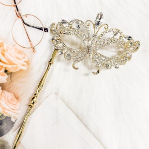 Crystal Masquerade Mask with Stick, Met Gala Gold Stick Mask, Venetian Masquerade Mask, Masquerade Ball Mask, Prom Mask, Masquerade Wedding