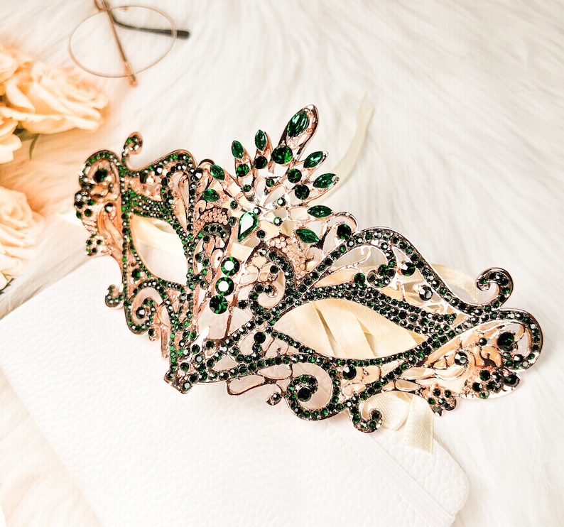Maskeradmask Lyxig grön kristall, ögonmask med strass, elegant festmask, födelsedag, nyår, teater, Mardi Gras, bröllop, bal bild 3