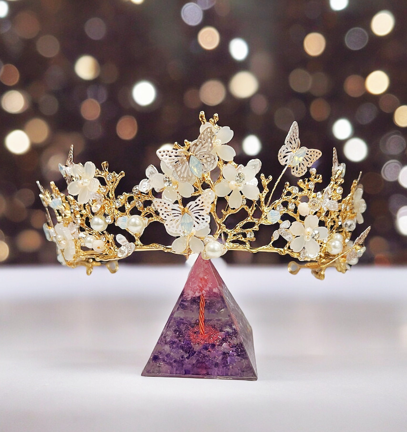 Gold Butterfly Wedding Tiara: Pearl Crystal Bridal Crown - Etsy display picture 3