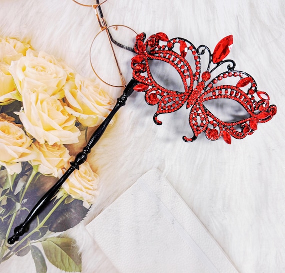 Red Crystal Masquerade Mask: Handheld Venetian Party Mask - Etsy display picture 1