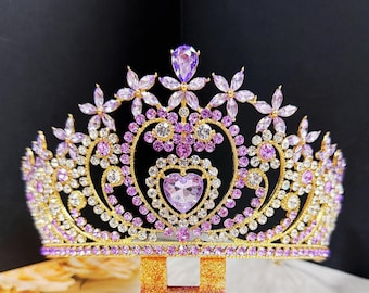Crystal Heart Tiara: Gold Bridal Headband with Purple Stone