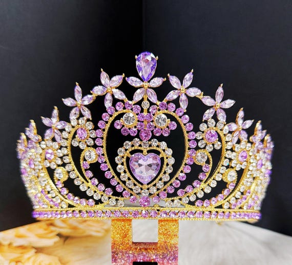Crystal Heart Tiara: Gold Bridal Headband With Purple Stone  display picture 1