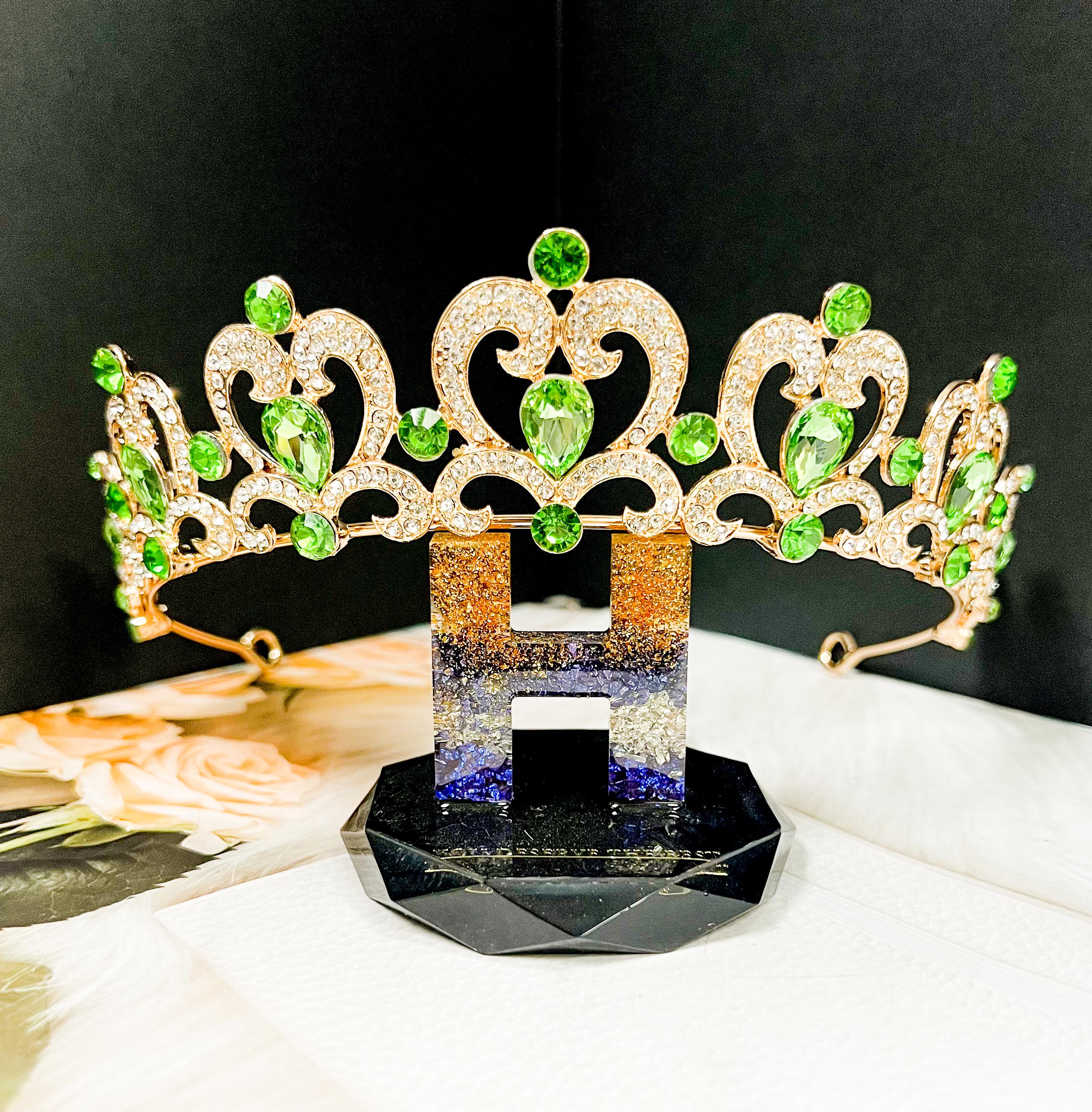 Rhinestone large crown tiara crystal 6” green prom Emerald Green Rhinestone Tiara: Silver Wedding Crown Emerald  main image 2