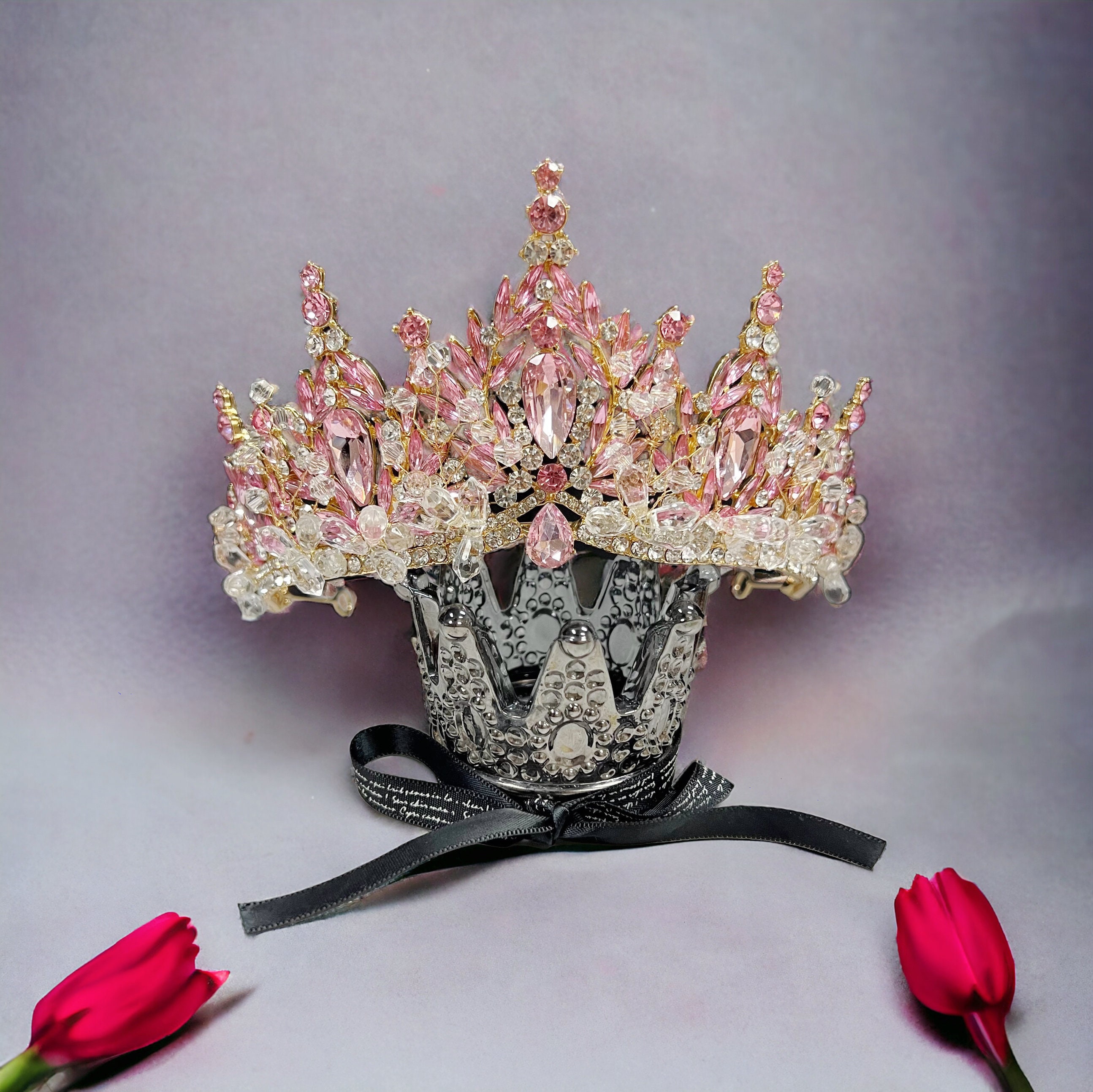 Pink Crown, Victorian Tiara, Pink Crystal Crown, Bridal Headband
