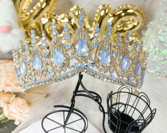 Queen Gemstone Gold Crown, Blue Princess Tiara, Anniversary, Birthday, Quinceanera, Prom, Bridal Wedding, Party, New Year, Gift for Her