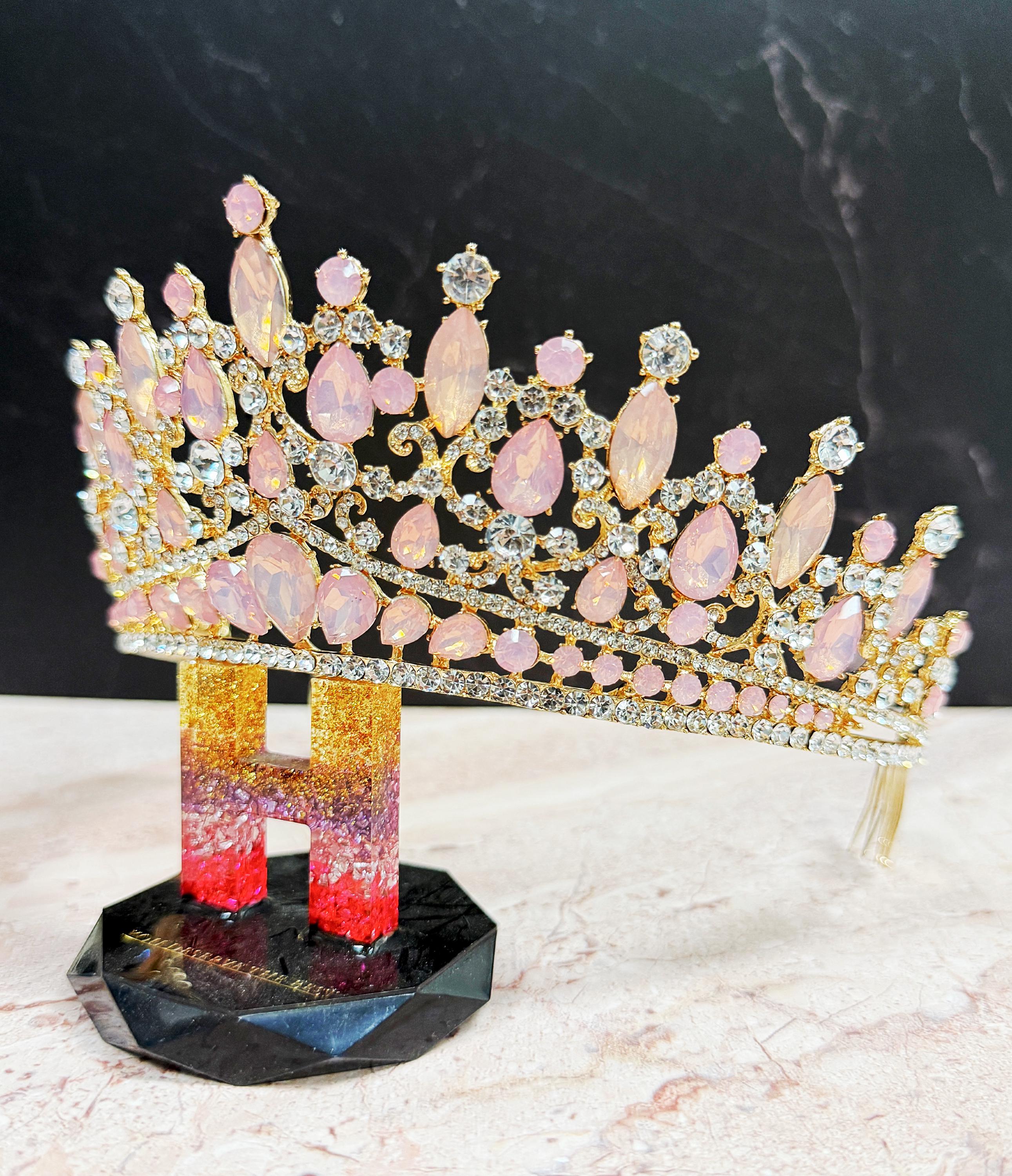 Gold Crown Crystal Tiara, Princess Crown, Gold Wedding Tiara, Wedding Pink Crown Yolmina Pink Baroque Queen Crown Tiara - Crystal Wedding  main image 4