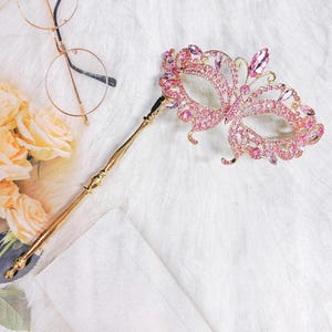 Pink Masquerade Mask, Met Gala Stick Mask, Gold Masquerade Mask, Masquerade Wedding, Masquerade Ball Mask, Prom Mask, Face Jewelry