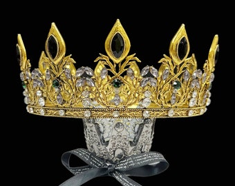 Gold King Crown for Men's, Black Sapphire Crystal Crown, Royal Princes Diadem, Halloween Costume Accessories, Theatrical Crown, Gift for Him