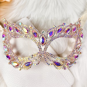Lady Rhinestones Masquerade Mask Rose Gold Base with AB Rhinestone Bling Mask Luxury Crystal Mask for New Year Wedding Party Birthday Gift