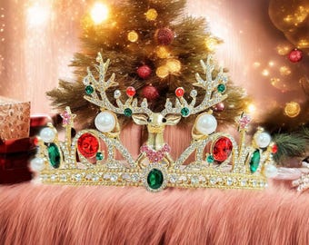 6632 Christmas Jeweled Crown Merry-Tree Tiara Rhinestone Headband Costume Crystal Christmas Tree Headpiece: Gold Holiday Tiara - Etsy main image 4