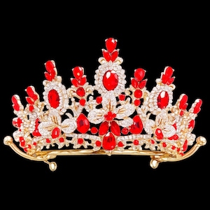 Red Crystal Flower Crown, Gold Floral Tiara, Red Rhinestone Crown, Birthday Crown, Pageant Tiara, Quinceañera Crown, Prom Queen Headpiece