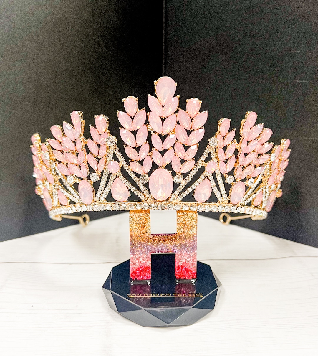 Pink Crystal Wedding Tiara: Gold Goddess Crown, Bridesmaid  display picture 2