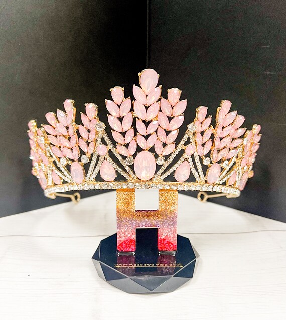 GOLD Pink Crystal Bridal Tiara Pink Rhinestone Bridal Tiara, Wedding Gold Crystal Pink  main image 2