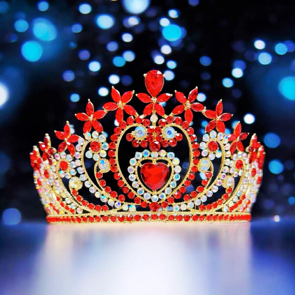Crystal heart tiara, Gold tiara, Red stone tiara, Bridal tiara, Birthday crown Crystal Heart Tiara: Gold Bridal Headband, Red Stone  main image 4