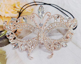 Butterfly Masquerade Mask, Wedding Party Rose Gold Mask, Clear Stone Mask, Cosplay Costume, Masquerade Ball, Mardi Gras Mask, Fashion Mask