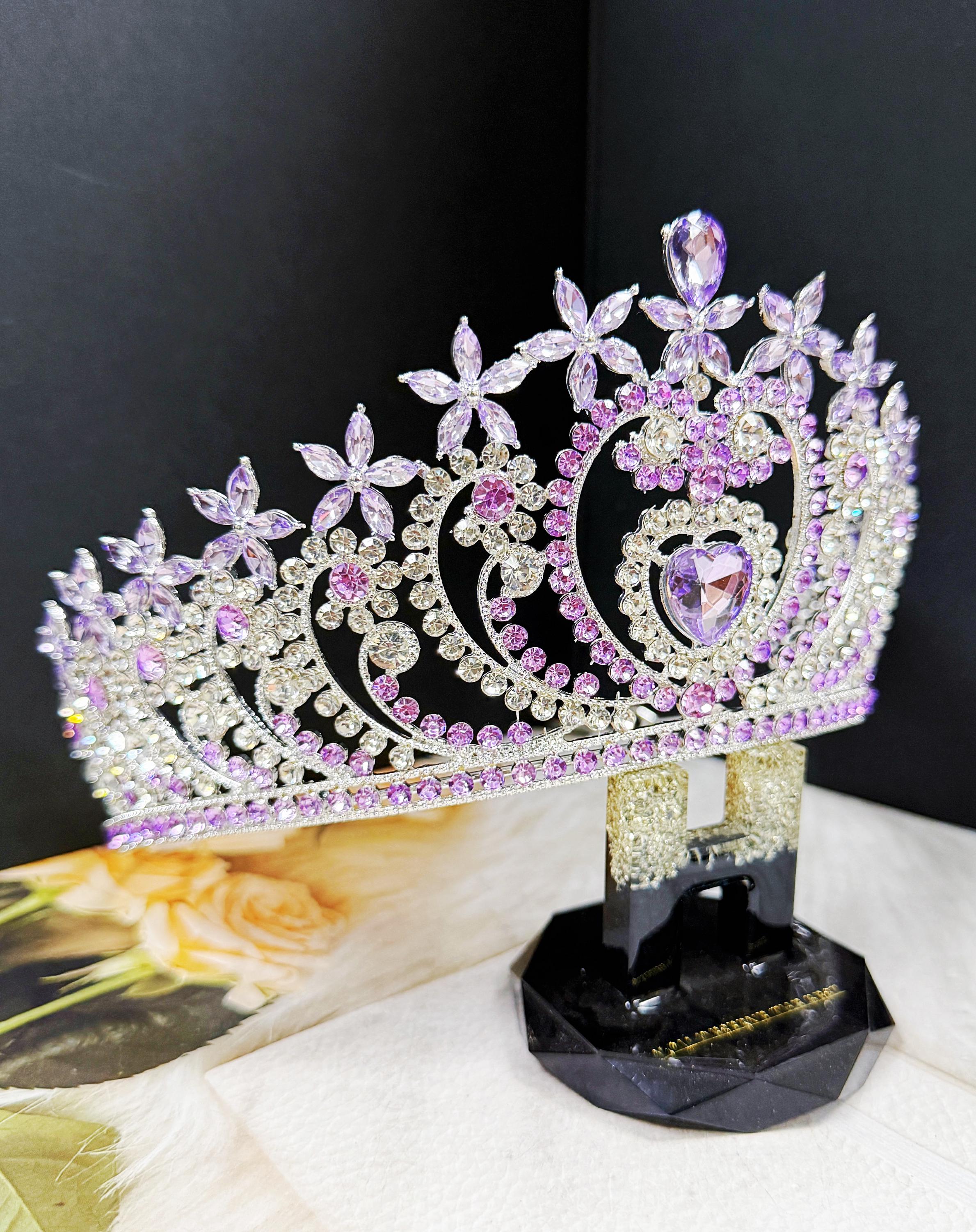 Crystal Heart Tiara: Silver Purple Rhinestone Princess Crown 