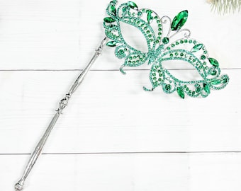 Emerald Crystal Masquerade Mask with Silver Stick, Handheld Venetian Eye Mask for Prom, Wedding and Mardi Gras