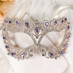 Lady Rhinestones Masquerade Mask Rose Gold Base Purple Rhinestone Bling Mask Luxury Crystal Mask for New Year Wedding Party Birthday Gift