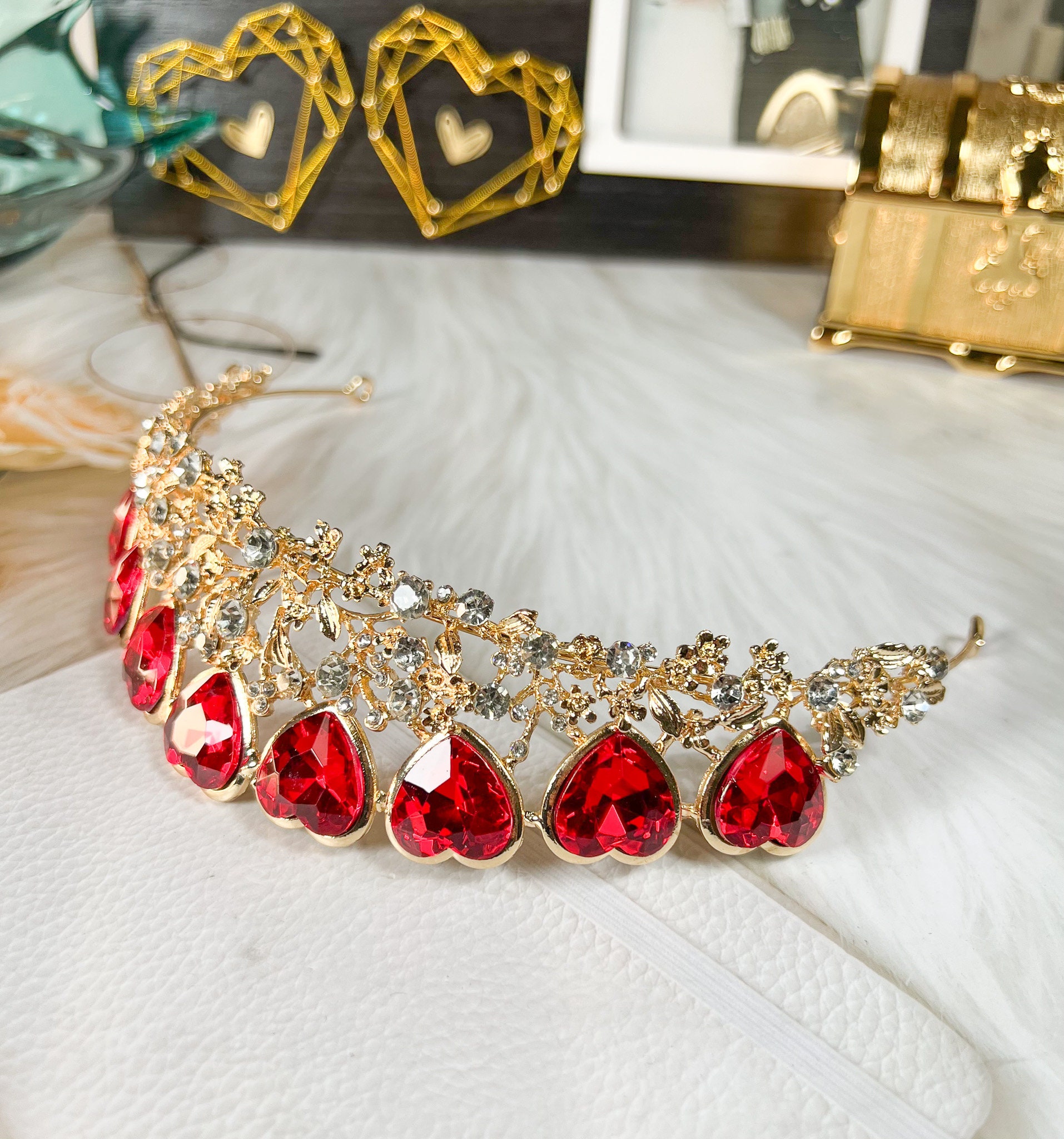 Queen of Heart Tiara, Red Heart Crown, Fairy Headband, Quinceanera Headpiece Queen of Heart Tiara, Red Heart Crown, Fairy Gold Headband  main image 2