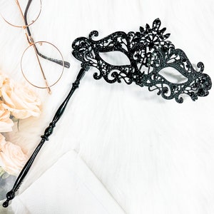 Masquerade Mask with Stick, Luxury Crystal Mask, Black Crystal Mask, Masquerade Ball Mask, Prom Mask, Cosplay Mask, Met Gala Party Mask