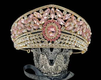 Pink Rhinestone Tiara, Wedding Bridal Tiara, Royal Queen Crown, Pink Crystal Crown, Birthday Crown, Gift for Wife, Birthstone Crown