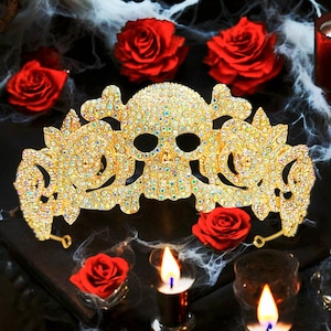 Halloween skull crown, Gold flower crown, Crystal skull crown, Gothic crown, Halloween costume headpiece, Day of the Dead, Evil Queen crown