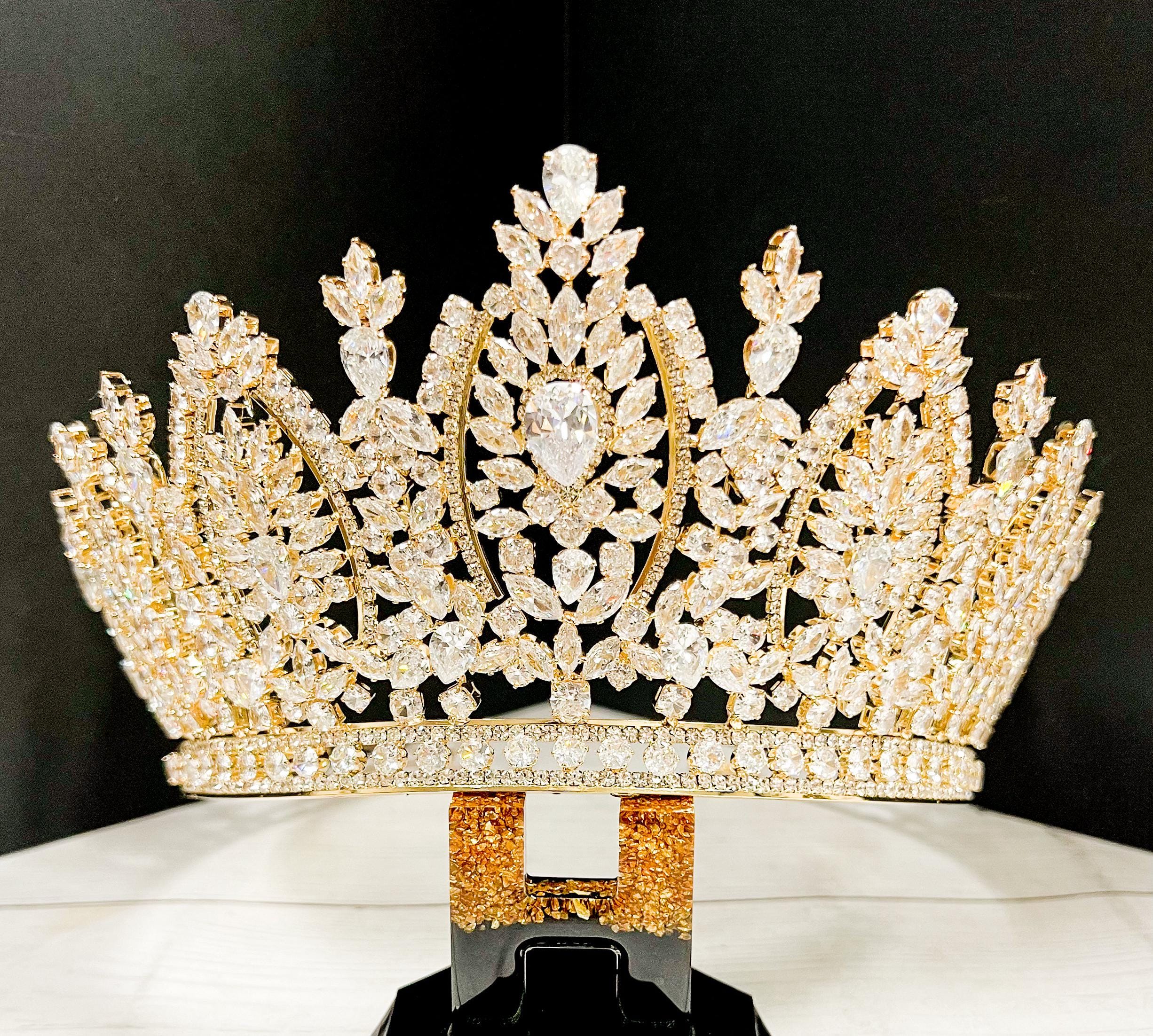 Luxury Gold Bridal Crown: Cubic Zirconia Princess Tiara