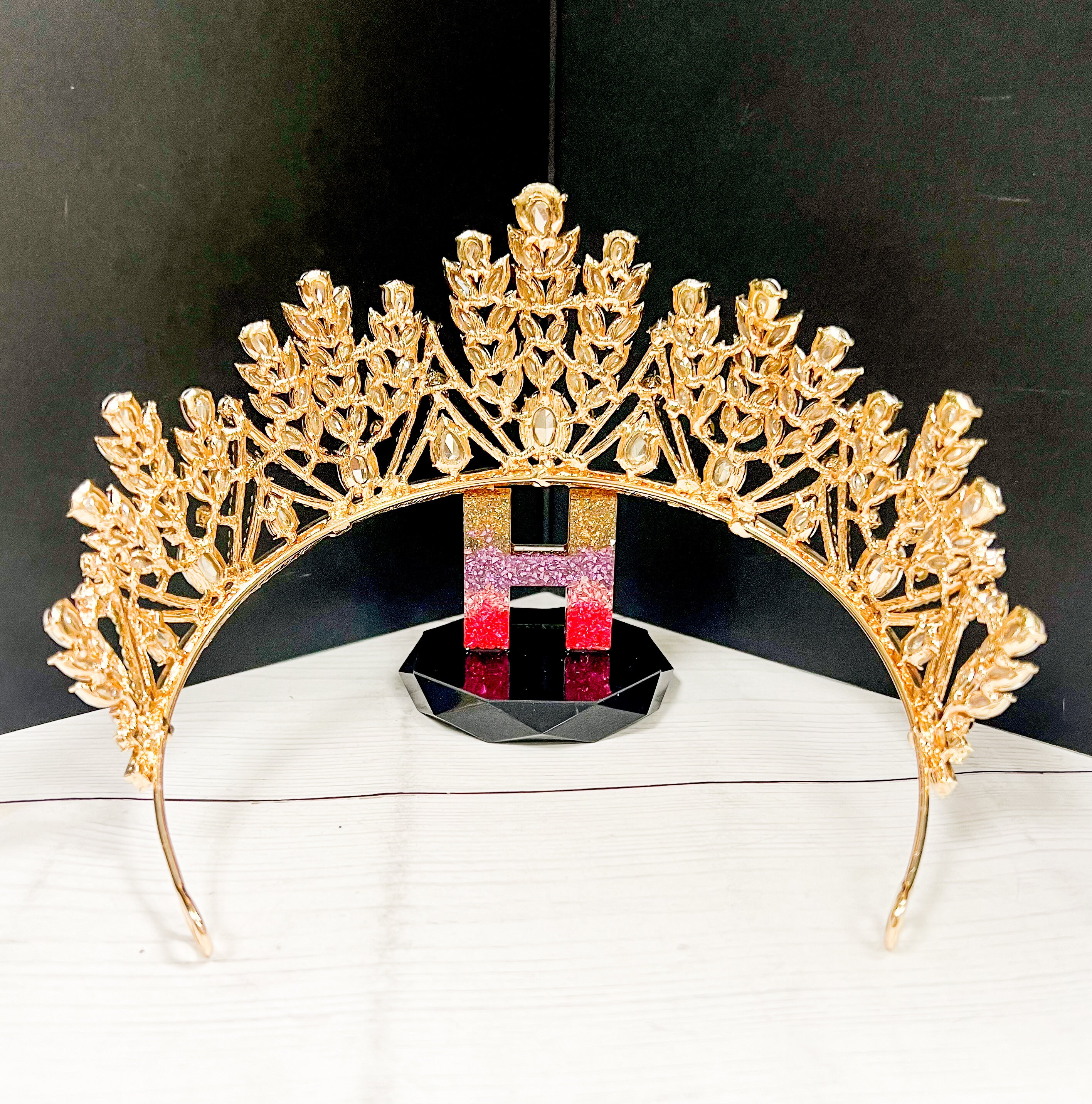 Pink Crystal Wedding Tiara: Gold Goddess Crown, Bridesmaid  display picture 2