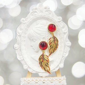Handmade Bohemian Ruby Red Leaf Earrings: Golden Crystal Statement Earrings