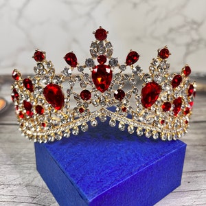 Bridal Red Tiara, Luxury Bridal Gold Crown, Prom, Crystal Crown, Princess Tiara, Birthday, Party, Pageant, Prom, Gift For her