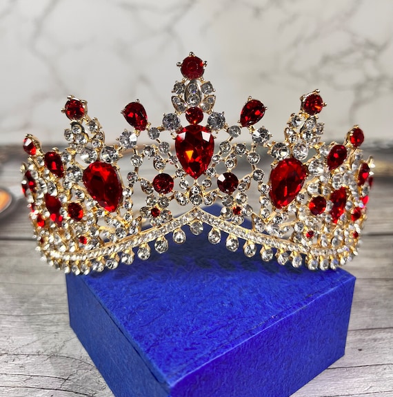 Bridal Red Tiara, Luxury Bridal Gold Crown, Prom, Crystal Crown, Princess Tiara, Birthday, Party, Pageant, Prom, Gift For her
