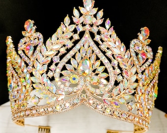 Diamond Crystal Queen Crown: Gold-Plated Pageant Tiara (XL)