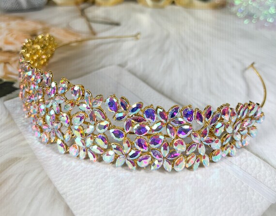 Gold Rhinestone Floral Headband Gold Floral Bridal Crown: Rhinestone & Beaded Flower  main image 3