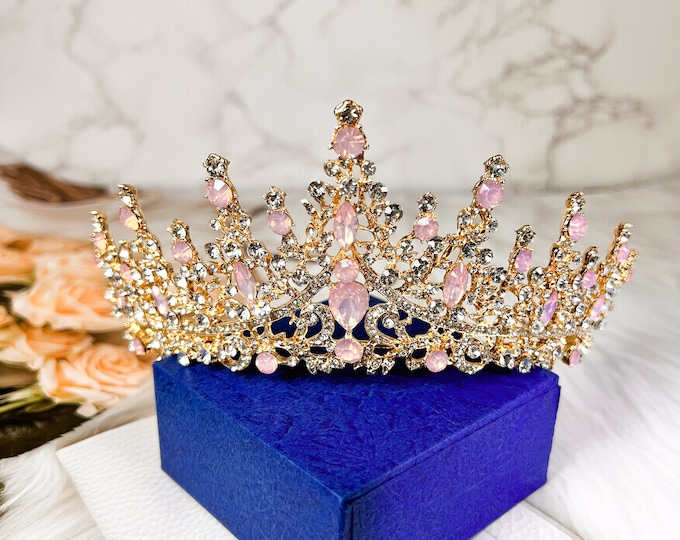 Rosa Tiara Krone für Frauen, Hochzeit Tiara für Braut Königin Krone, königliche Prinzessin Quinceanera Kopfschmuck für Geburtstagsabschlussball