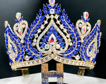 Blue Crystal Queen Crown: Gold Rhinestone Pageant Crown (XL)