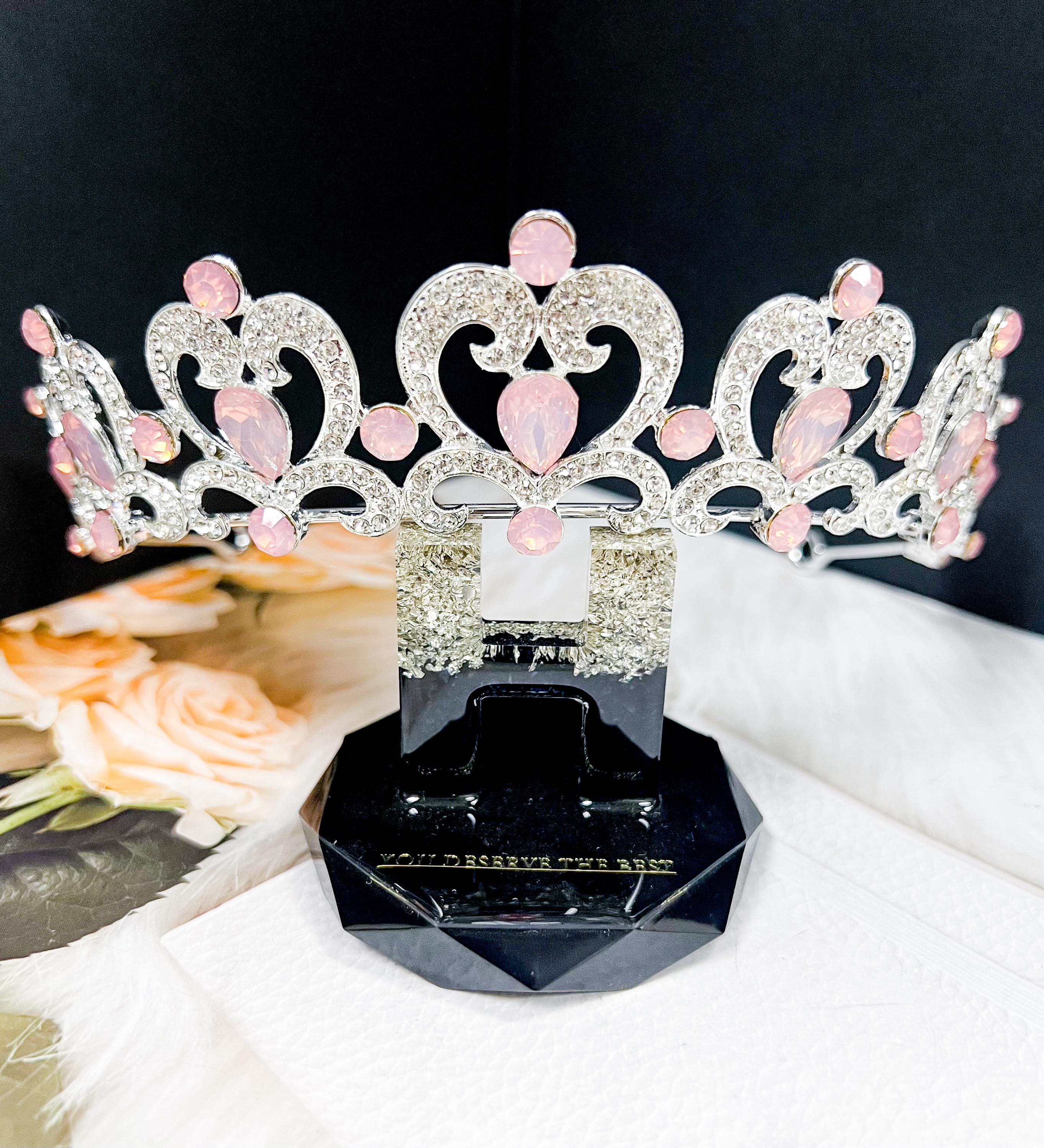 Pink Gems Rhinestone Tiara: Silver Heart Wedding Crown - Etsy display picture 1