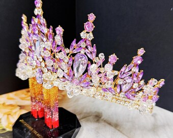 Purple Crystal Tiara: Handmade Gold Beaded Crown, Victorian  display picture 3