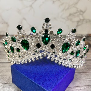 Vintage Emerald Tiara, Luxury Silver Crown, Prom, Elegant Crystal Crown, Princess Tiara, Birthday, Party, Pageant, Quinceanera, Gift For her